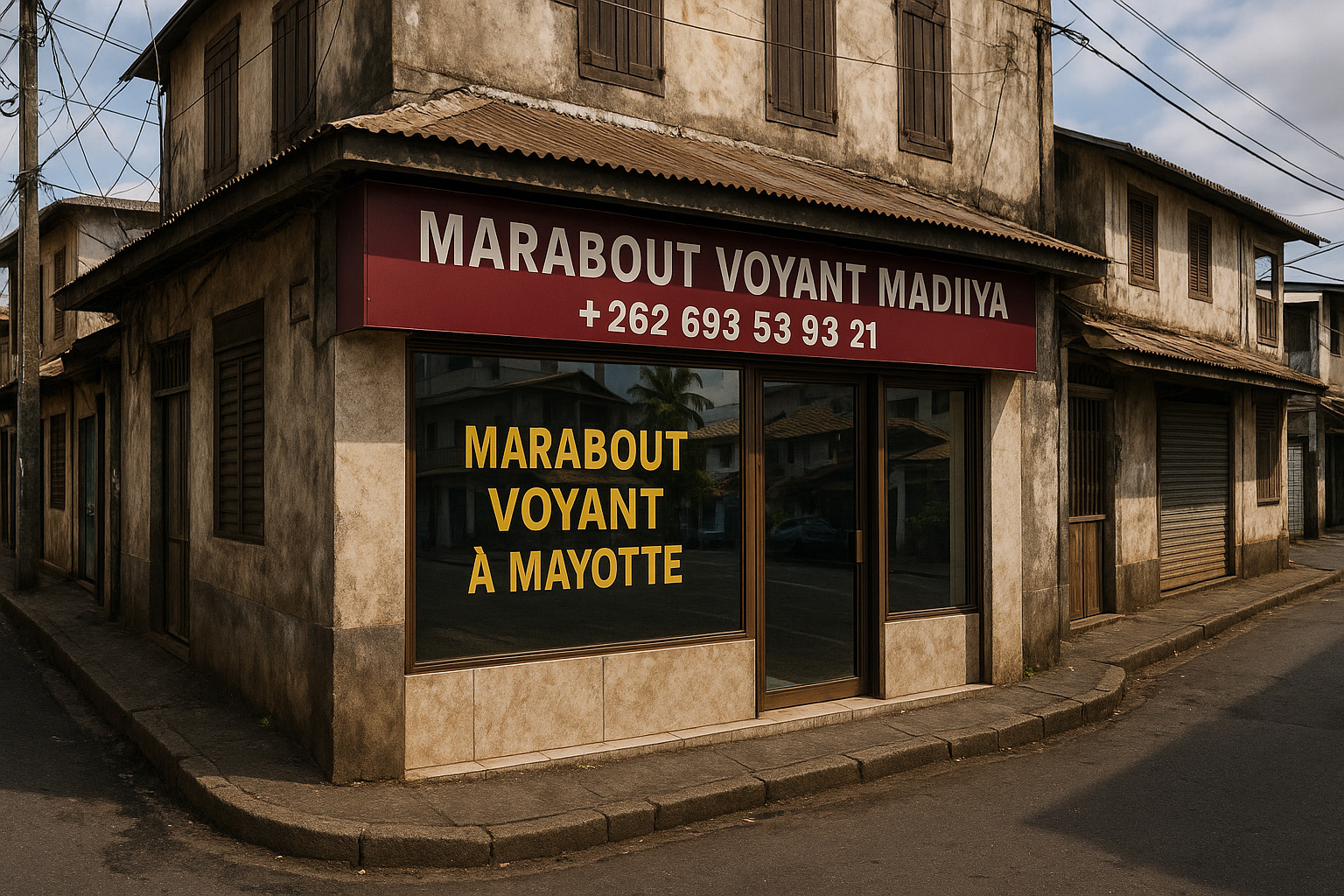 20250911_0956_Marabout_Voyant_Vitrine_gen_01k4w34z6mfx6t3qgvftt9rske Marabout Voyant Madiiya - Cabinet voyance La Réunion - Domtom